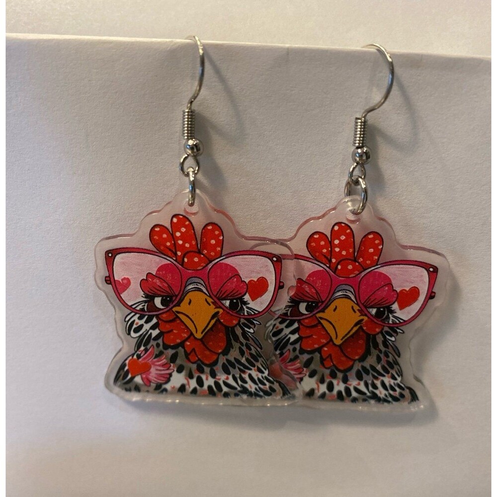 Earrings Chicken Rooster Wearing Glasses‎ Whimsical Bird Dangle Jewelry Cartoon - Picture 3 of 4